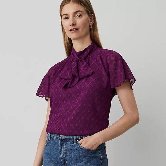 Ann Taylor Tops - Ann Taylor Mock Neck Bow Lined Polka Dot Purple Top Women’s Size S